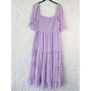 R.YIPOSHA Lavender Swiss Dot Smocked Tiered Maxi Dress XL Boho Cottagecore